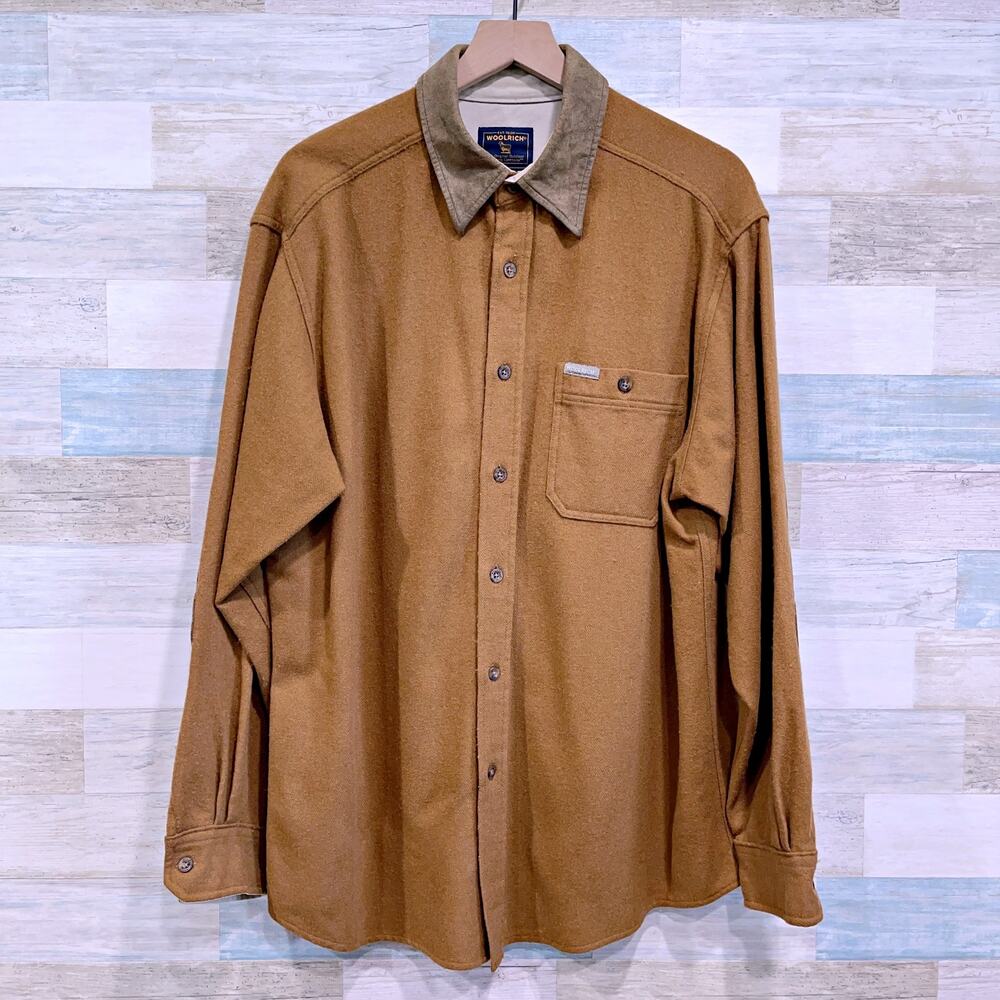 Woolrich Vintage Wool Flannel Shirt Brown Suede Elbow Patches USA Made Mens XL